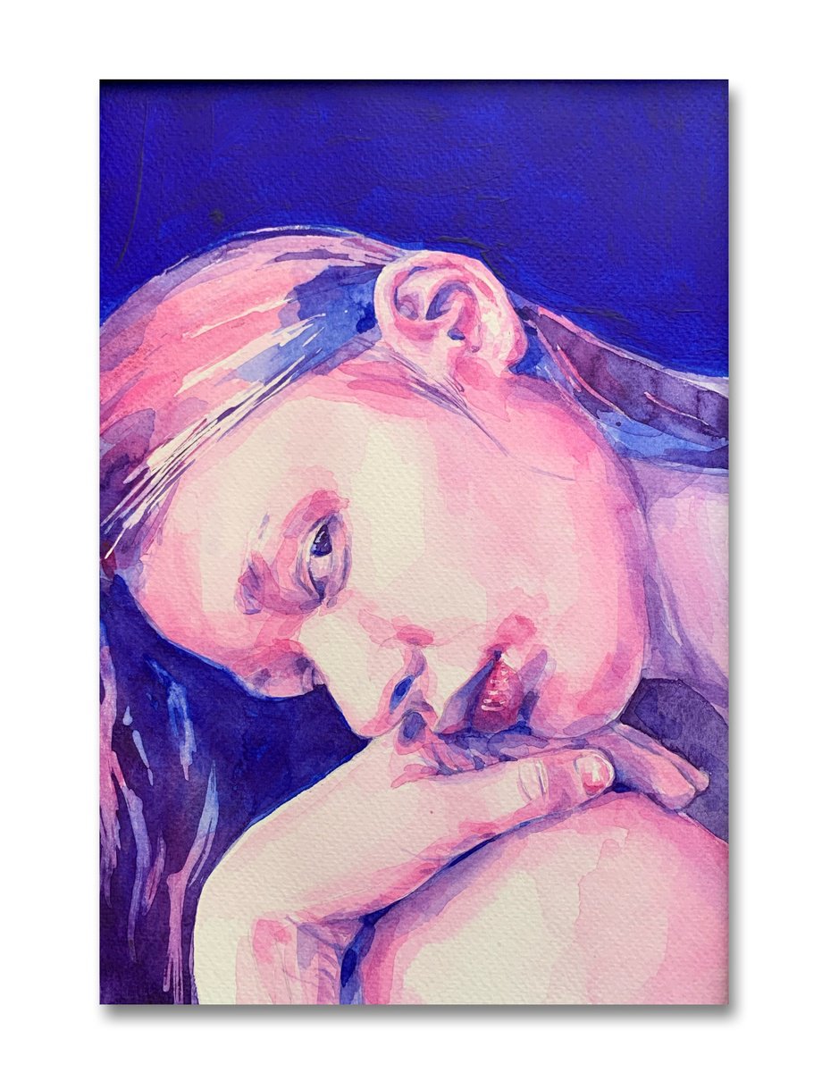 Young Women With Expressive Look on Blue Background by Alina Lobanova