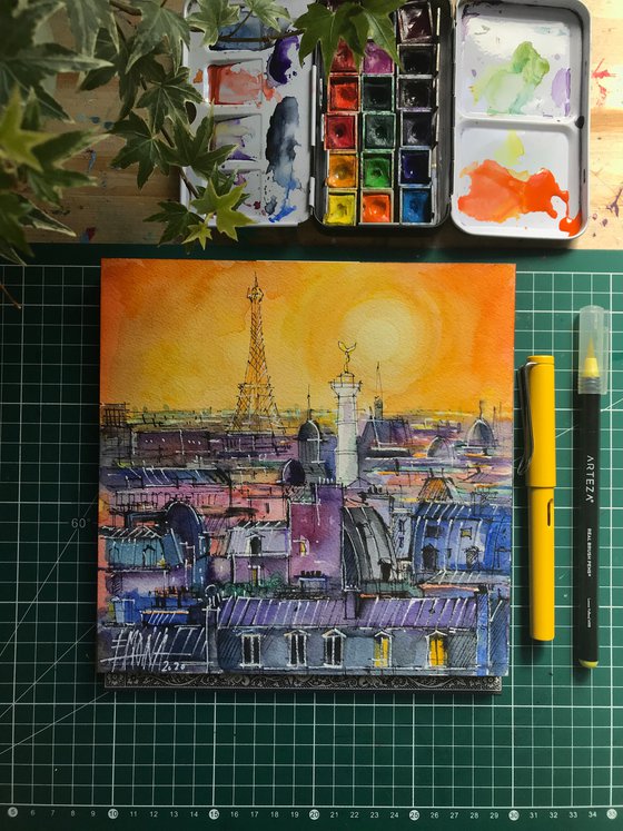 PARIS ROOFTOPS IN SUNLIGHT watercolor painting Mona Edulesco