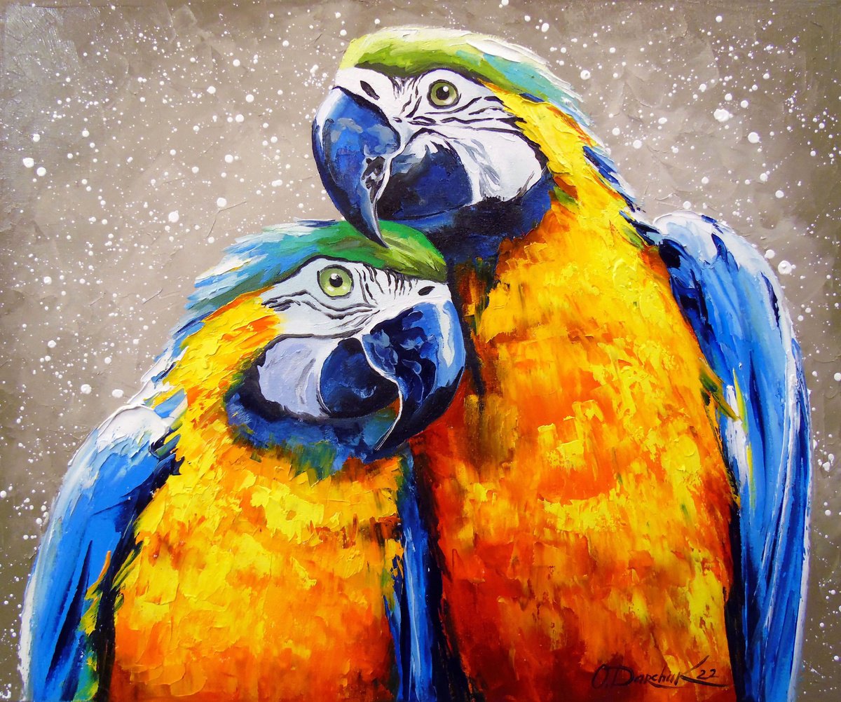 Impressionistic Animal Oil Painting By Olha Darchuk, 24 X 20", Parrots Are Lovers, Original Artwork