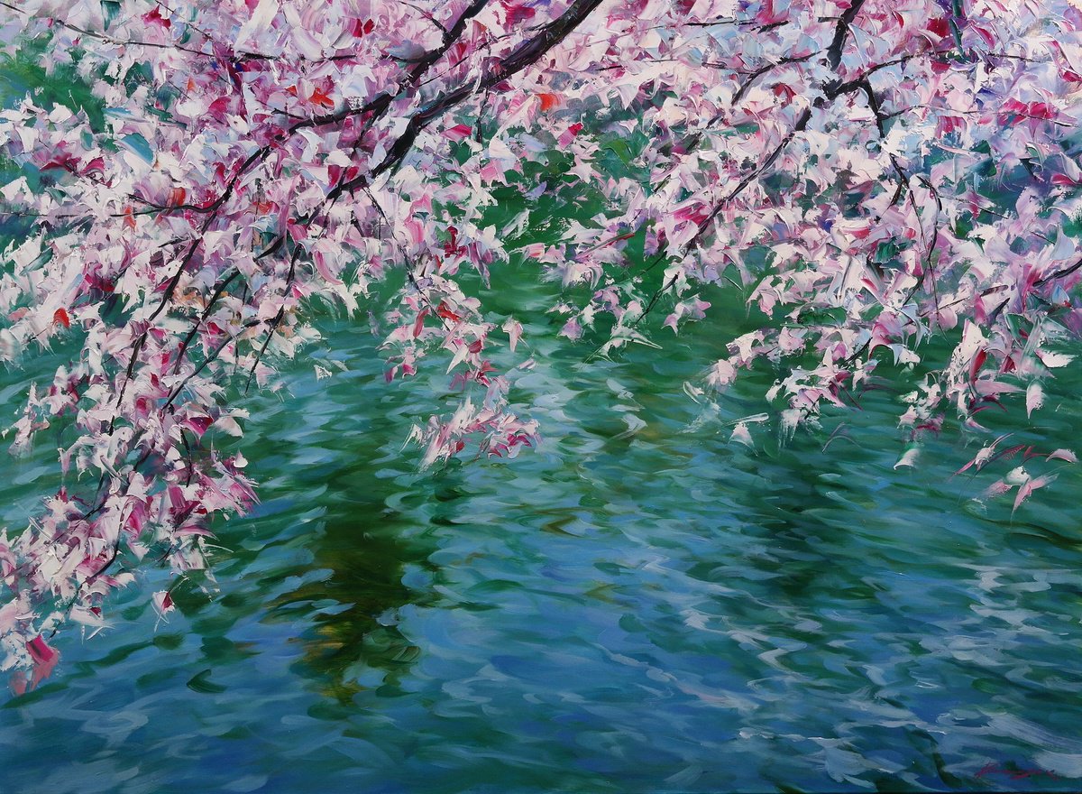 Impressionistic Landscape Oil Painting By Gennady Vylusk, 35 X 28, Flowers Over The Water, Original Artwork