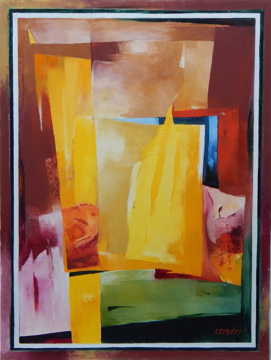 Expressive Abstract Oil Painting By Csaba Csendes, 24 X 31, Rendezvous, Original Artwork