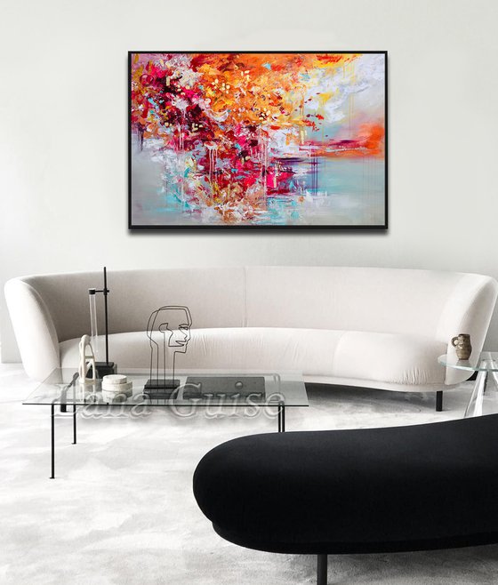 Vivid Dream - 48" Abstract Floral Painting, White Gray, Large Canvas, Gold Leaf, Minimalist Painting, Living Room Painting