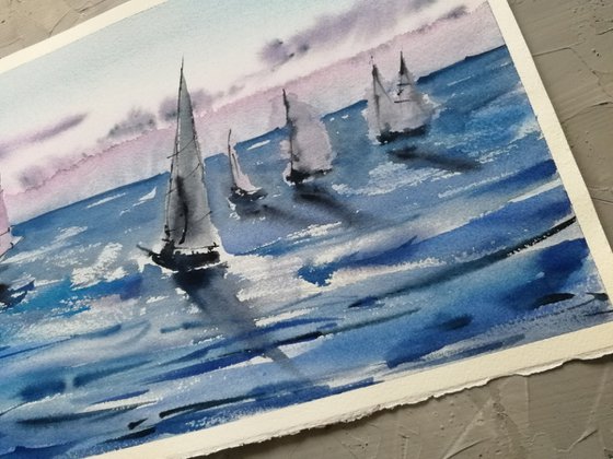 Sailboat sketch painting. Seascape