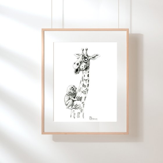 Giraffe and Tarsier - One-of-a-kind Art (with a white mat measuring 11x14 inches)