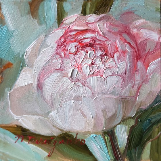 Peony original oil painting framed, Tiny artwork pink flowers, Unique peony wall art, Floral art gift for women