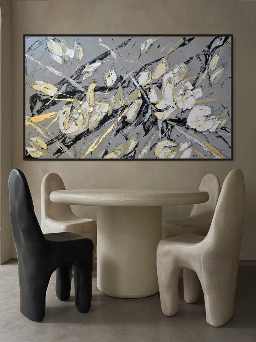 Abstract Botanical Acrylic Painting By Tetiana Hutsul, 61 X 37", And Try Love Again, Original Artwork