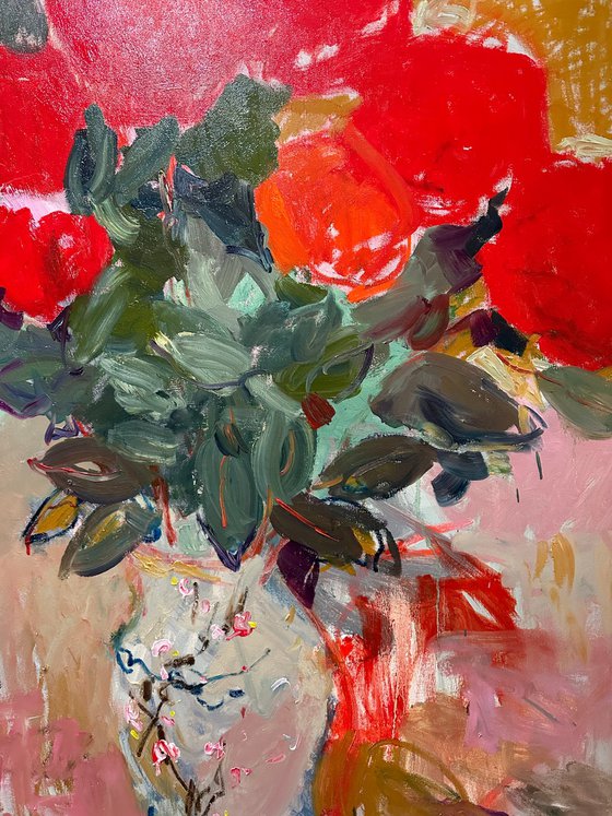 Red roses in a Japanese vase