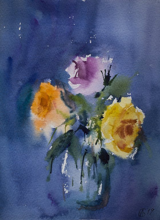 Roses. Watercolor. Small cheap etude simple blue flowers decor little