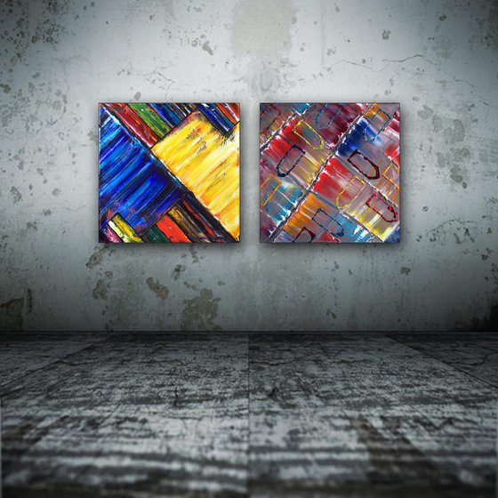 "Are We So Different?" - FREE USA SHIPPING - Save As A Series - Unique PMS Geometric Oil Painting Diptych On Canvas - 40" x 20"