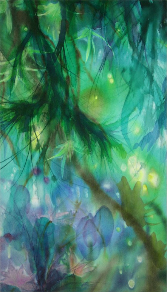 Elven Landscape, Eden Garden, fantasy silk painting "FIRST LIGHTS OF THE GARDEN"