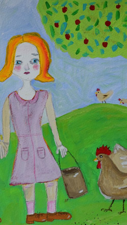 Girls feeding the chickens by Sharyn Bursic