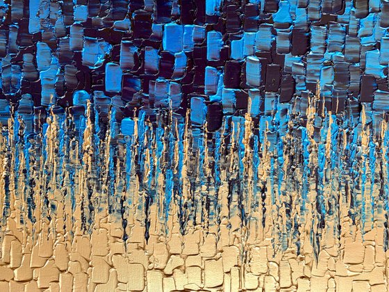 Blue & Gold Cascade - LARGE,  TEXTURED, PALETTE KNIFE ABSTRACT ART – EXPRESSIONS OF ENERGY AND LIGHT. READY TO HANG!