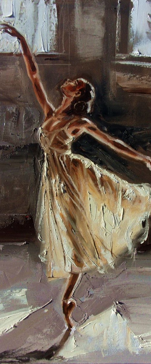 " DANCE IN THE LIGHT "- ballerina liGHt  ORIGINAL OIL PAINTING, GIFT, PALETTE KNIFE by Monika Luniak