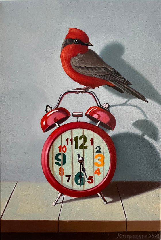 Still life with bird and clock (24x35cm, oil painting, ready to hang)