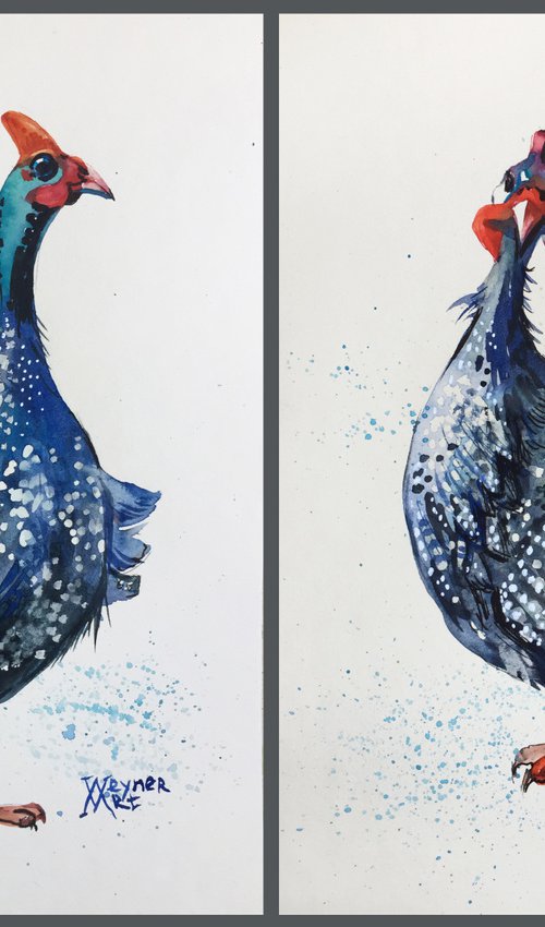 Guinea fowls, double set. Birds painting by Natalia Veyner