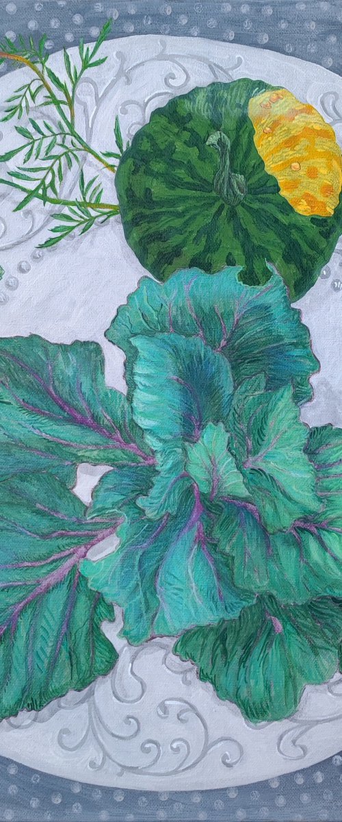 Cabbage Mars and Marigold on a white plate by Natalie Levkovska