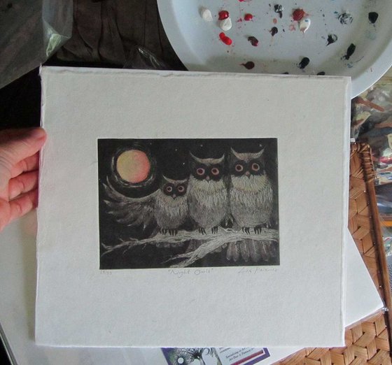 Night Owls limited edition intaglio etching and aquatint