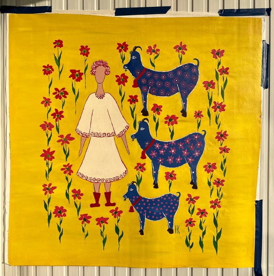 Woman Goats Original Painting