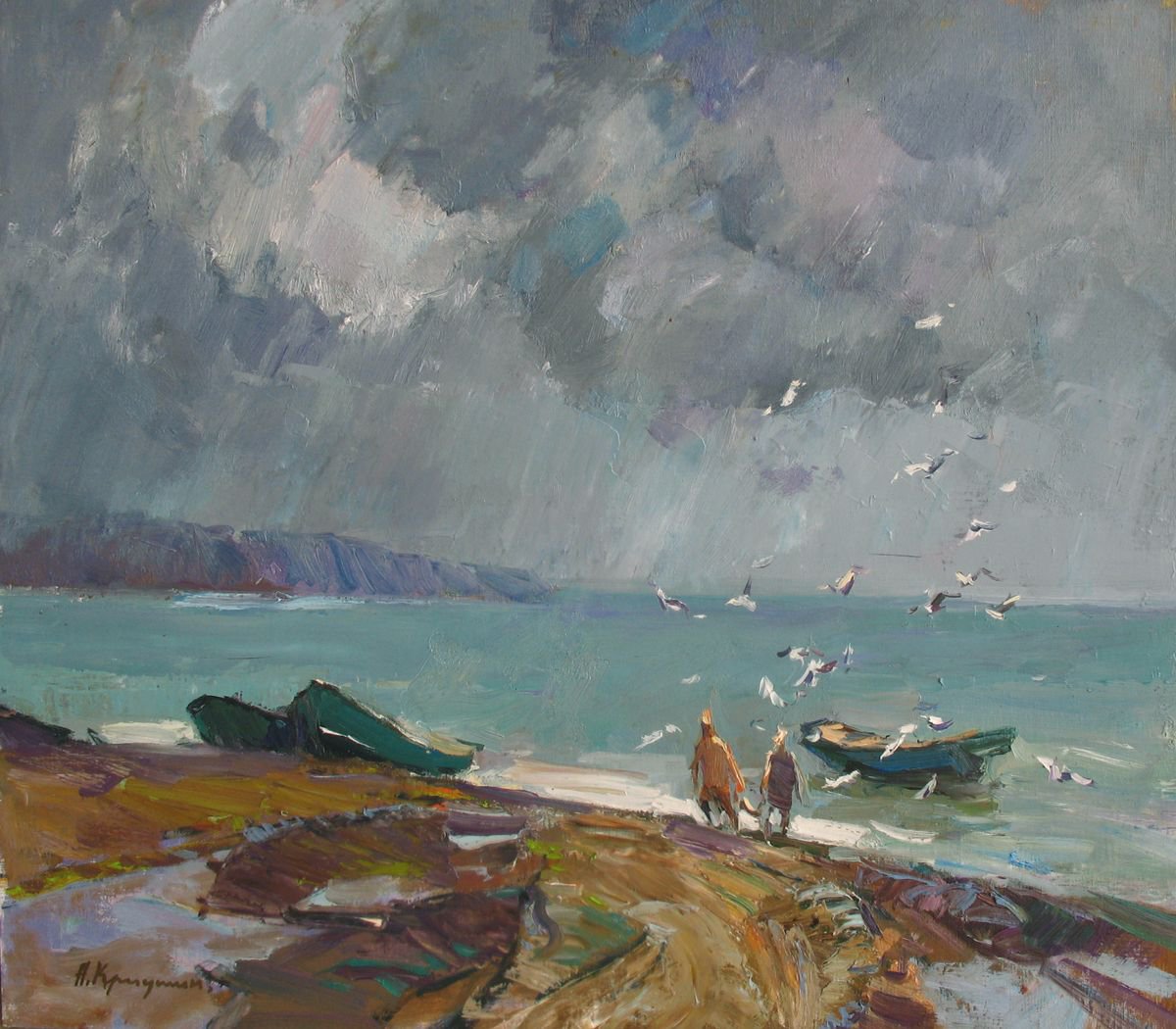 Impressionistic Landscape Oil Painting By Aleksandr Kryushyn, 28 X 24, Rain Over The Bay, Original Artwork