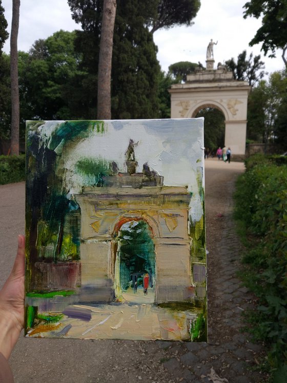 Roman Holiday Series. Arch in Borghese Park . Original plein air oil painting .