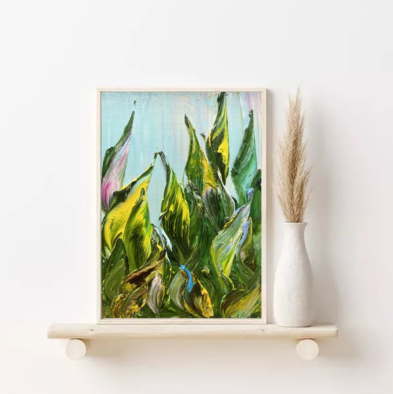 GREEN LEAVES - Small Art. Mini Art.  Impasto Original Art