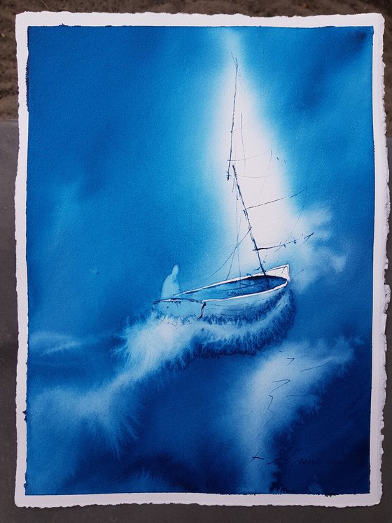 Blue sea  landscape. Sailboat.  Original watercolor picture.