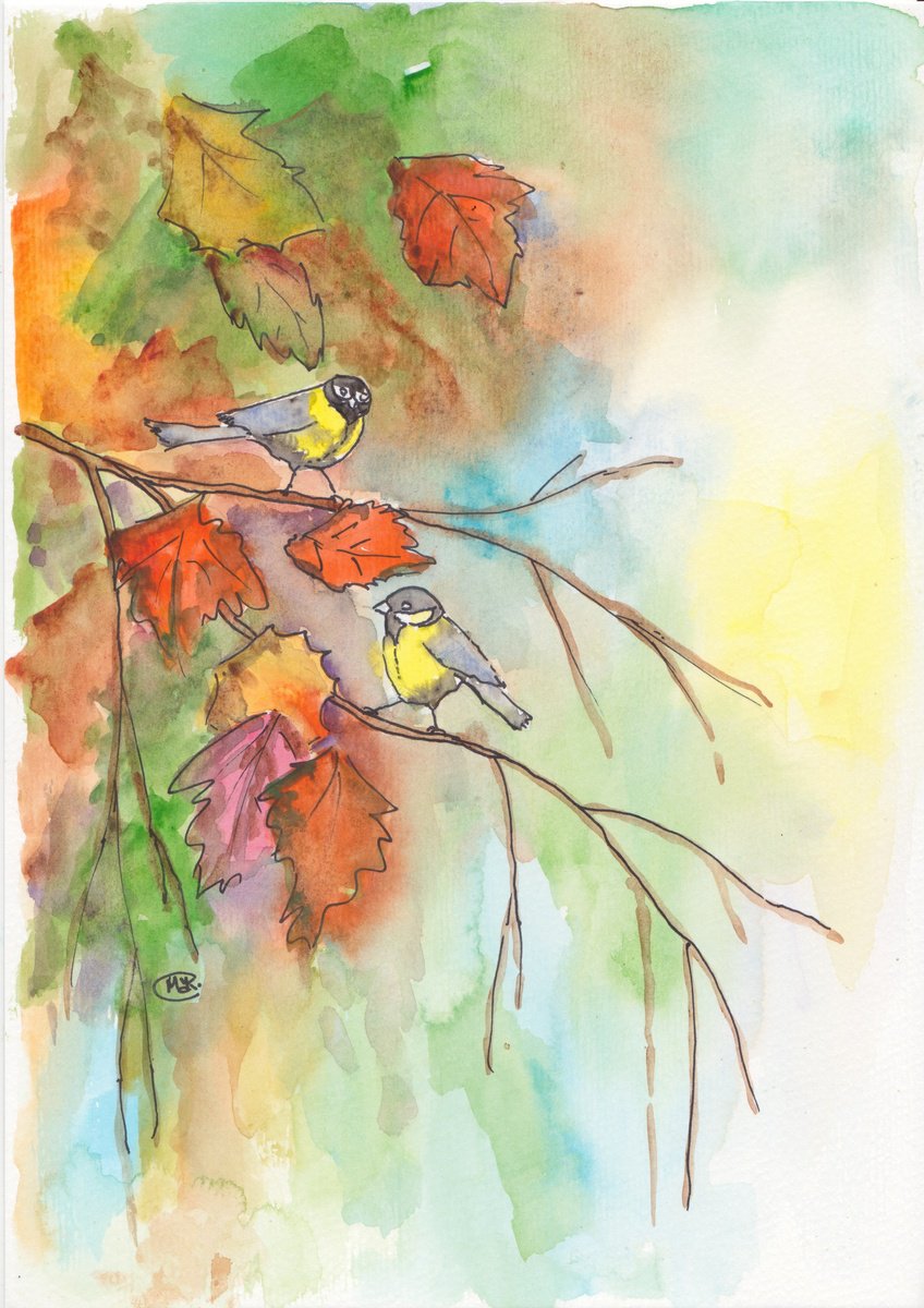Bird. Two Birds in an Autumn Tree original watercolor painting by MARJANSART
