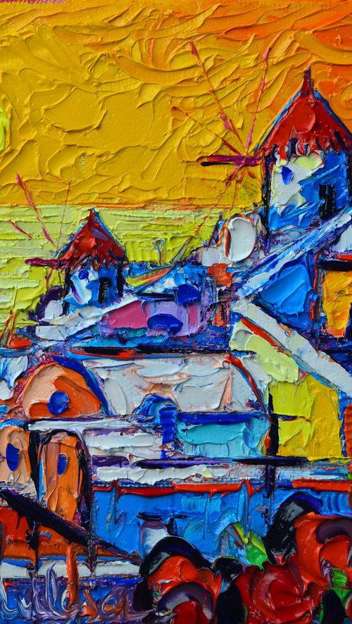 ABSTRACT SANTORINI OIA SUNSET 8 GREECE CYCLADES ISLANDS contemporary impressionist abstract cityscape impasto palette knife original oil painting by ANA MARIA EDULESCU