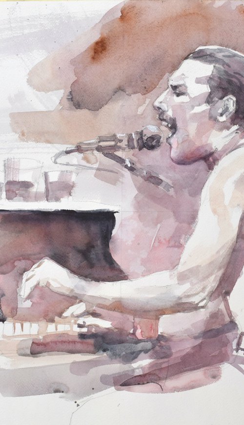 Freddie Mercury at the piano by Goran Žigolić Watercolors