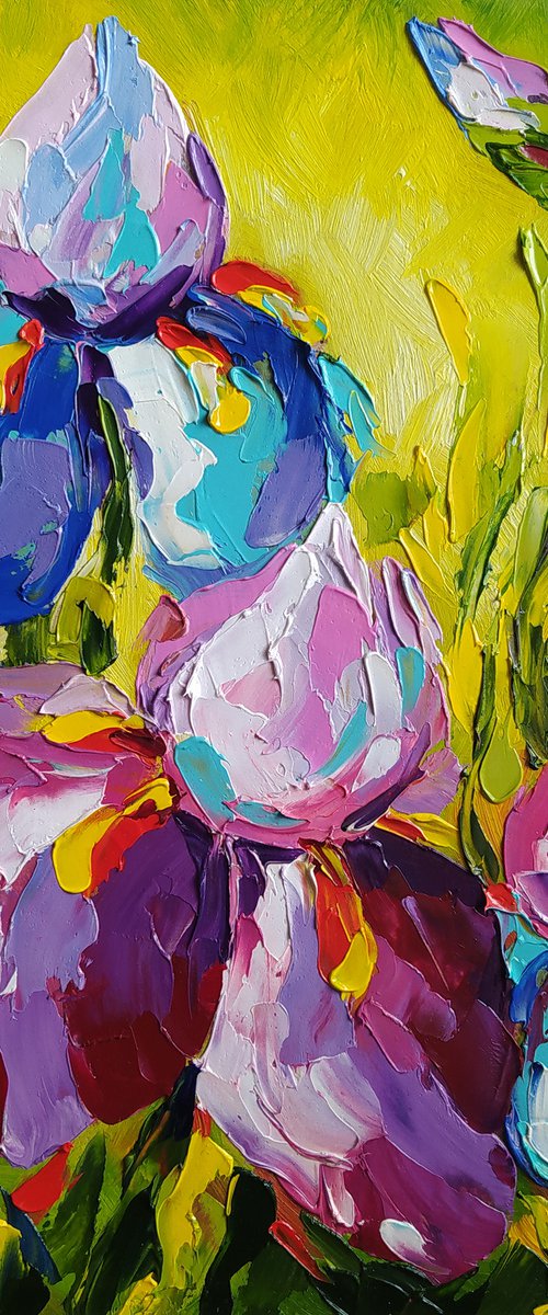 Irises in a sunny day - flowers, oil painting, irises flowers, gift idea, gift for woman, flowers oil painting, by Anastasia Kozorez