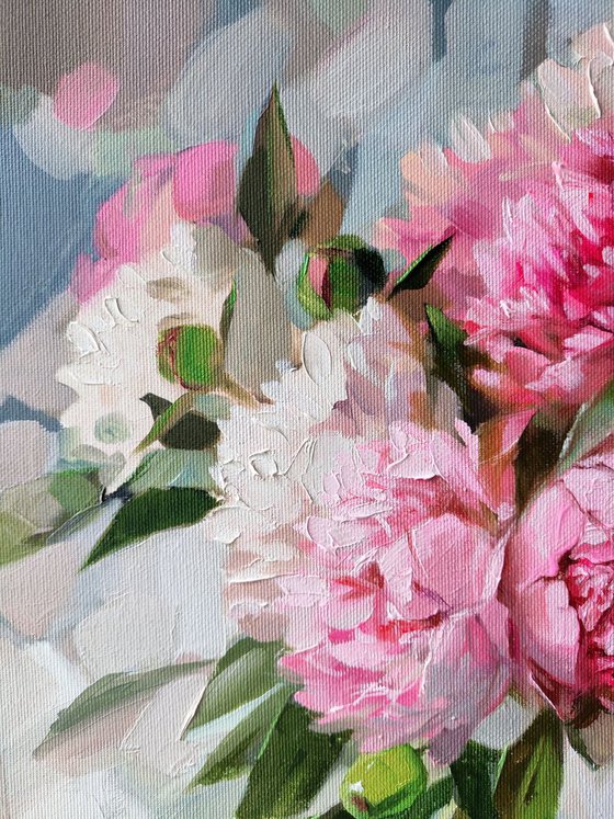 Pink peony painting original canvas art, Flowers art painting, Floral still life