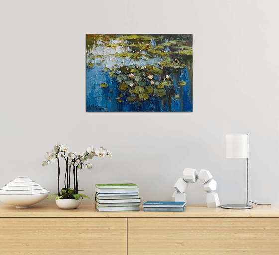 White Water Lilies - Pond flowers  Impasto Original Oil painting