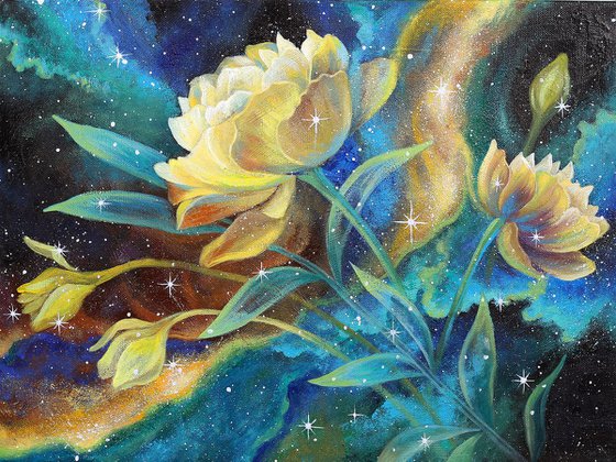 "Cosmo", abstract floral painting, galaxy space art, flowers painting