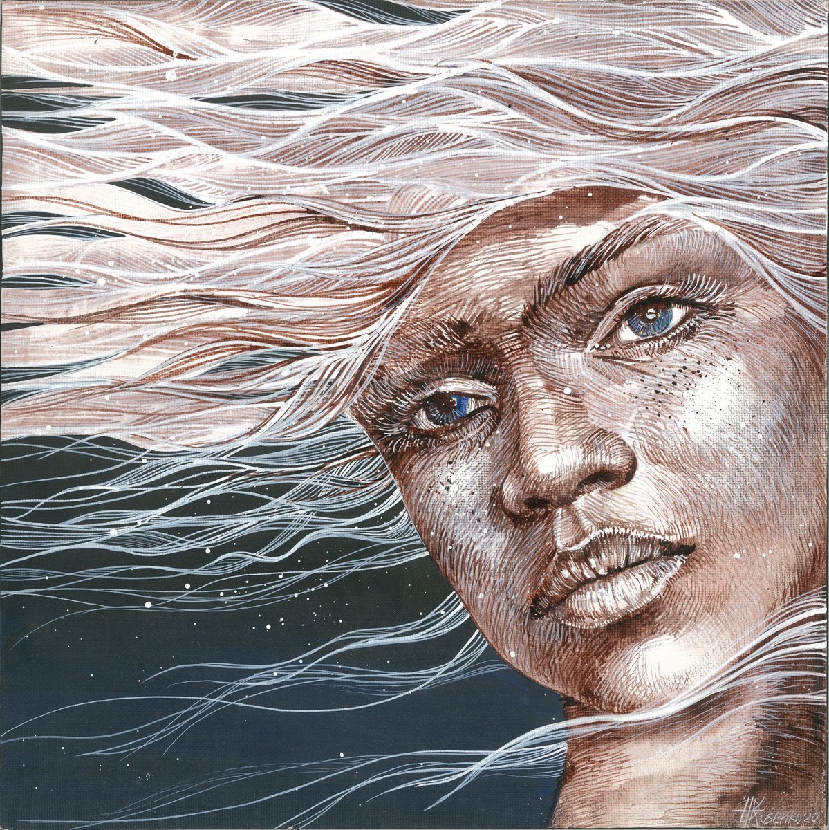 Portrait Drawing By Olena Kosenko, 25 X 25", Blue Eyes, Original Artwork