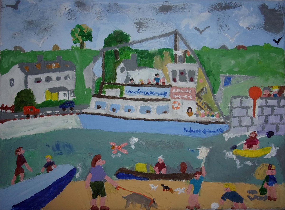 Naive Landscape Oil Painting By Ted Wates, 12 X 9", St Mawes Ferry, Cornwall, Original Artwork