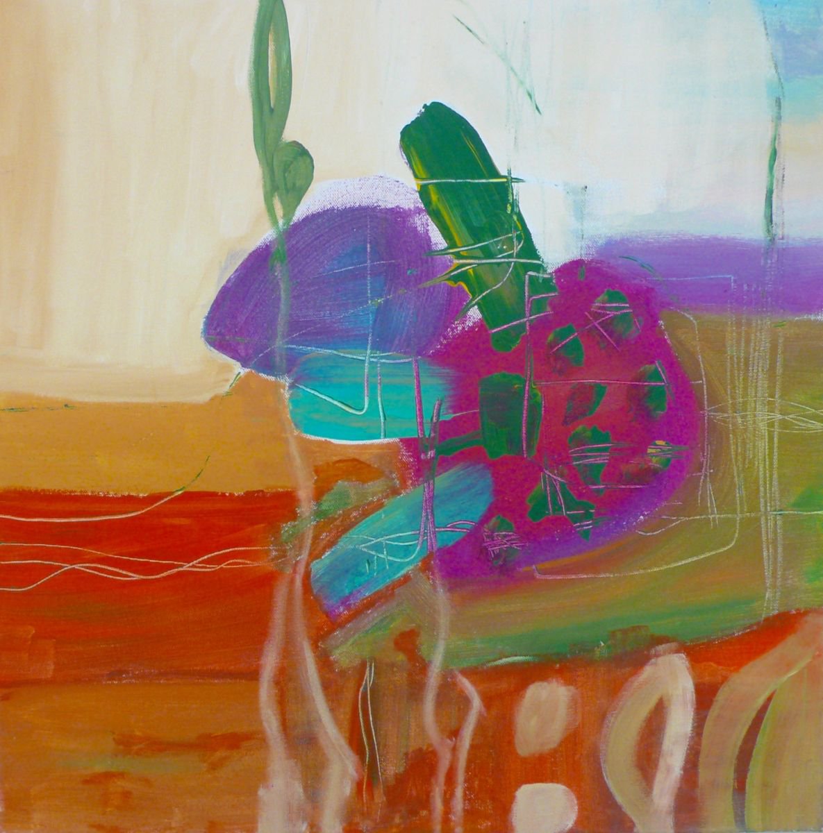 Organic Botanical Acrylic Painting By Christel Haag, 23 X 23, Desert Flower, Original Artwork