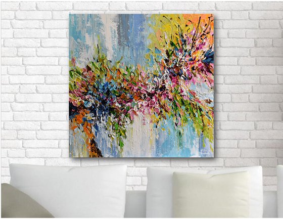 Autumn Bloom - Abstract Floral Painting, Impasto palette knife artwork