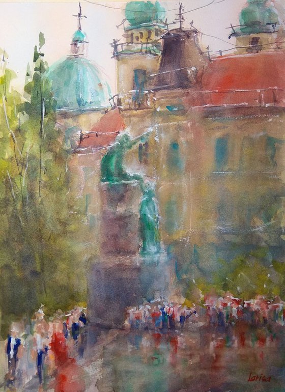 Prešeren Square on a rainy day | Original watercolor painting