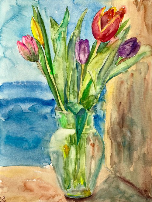 Tulips Original Watercolor Painting, Mothers Day Gift, Boho Colorful Wall Decor by Kate Grishakova