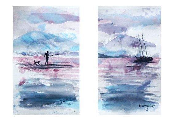 Sea stories.  Set of 2 watercolor paintings. Size 30*18 cm and 30*17