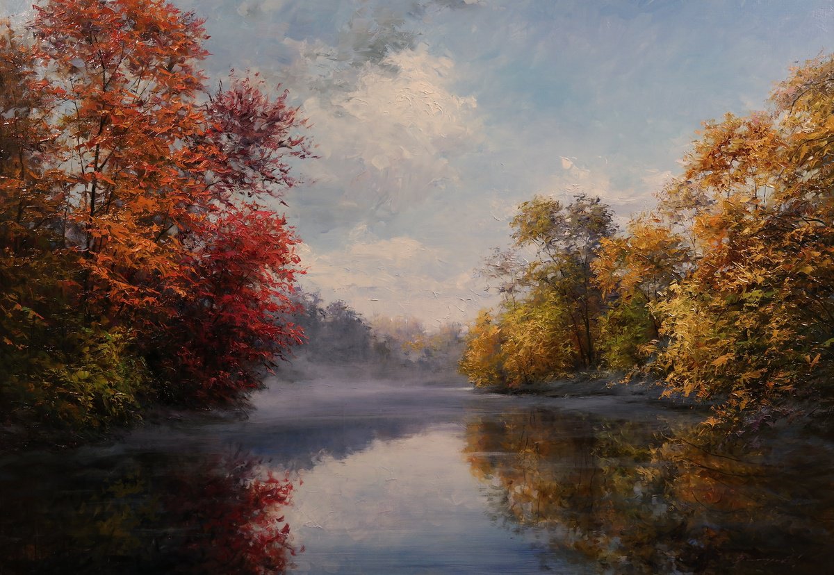 Impressionistic Landscape Oil Painting By Gennady Vylusk, 39 X 28, Reflection Of Autumn, Original Artwork