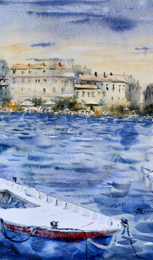 Rovigno old town skyline with boats Croatia 25x36cm 2022 by Nenad Kojić watercolorist