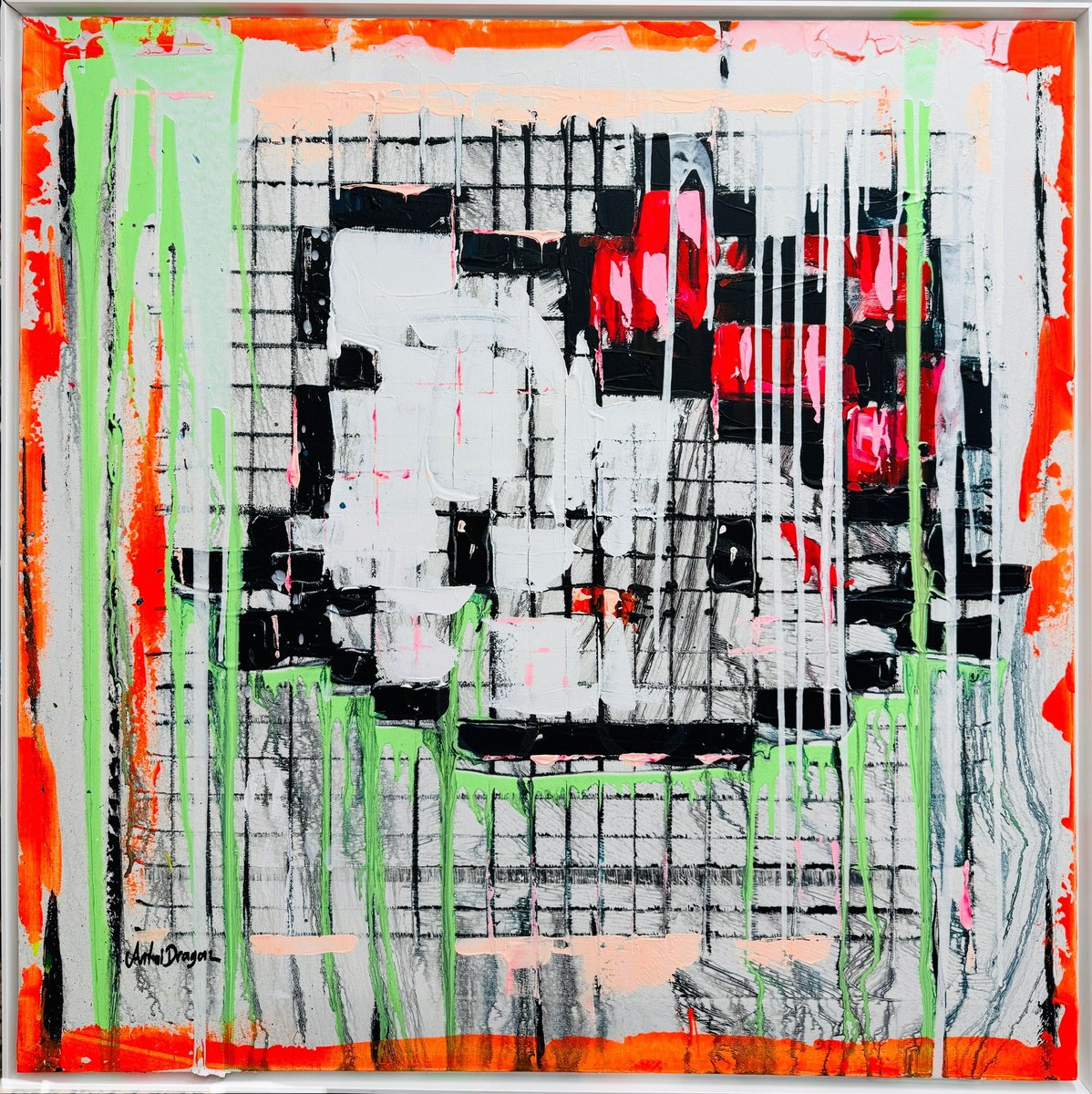 Urban And Pop Animal Acrylic Painting By Antoni Dragan, 41 X 41, Pixel Kitty, Original Artwork