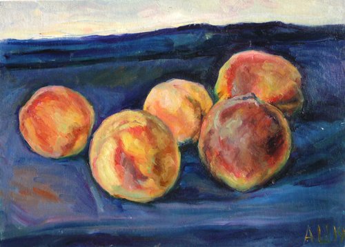 Five peaches. Oil on canvas on board/MDF. 50X36 cm. by Alexander Shvyrkov