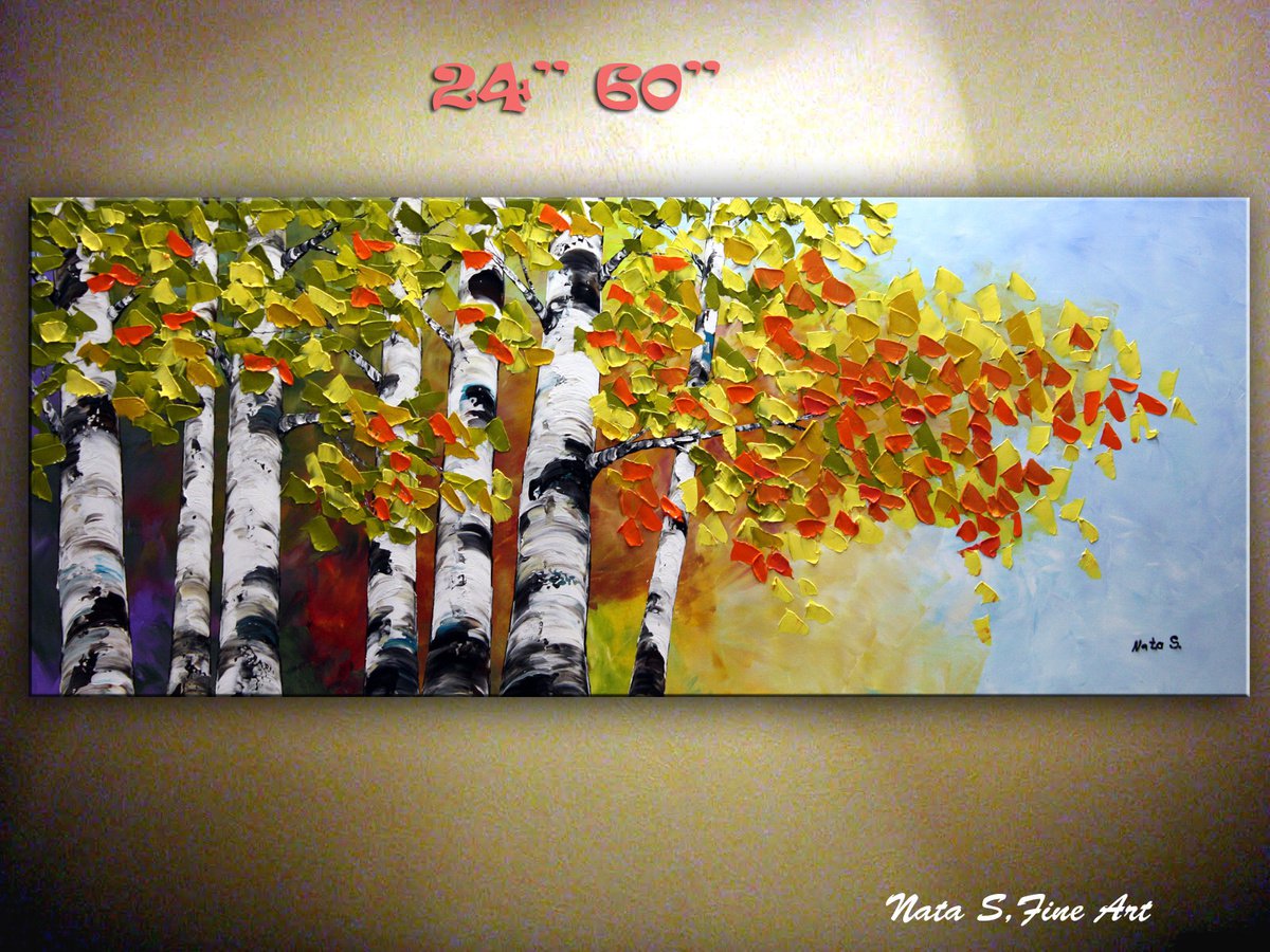 Fall Birch Forest - Textured Tree Painting by Nataliya Stupak