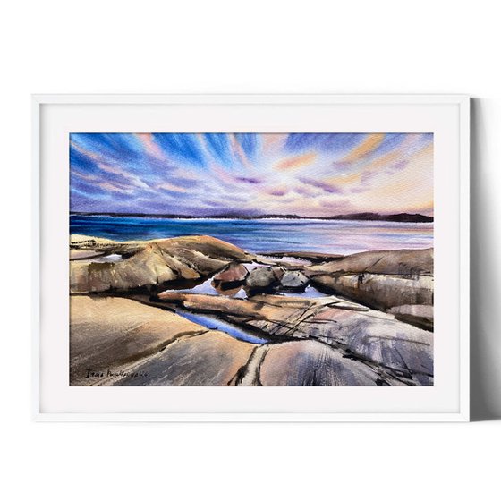 Seaside Sunset original watercolor painting gift idea for friend