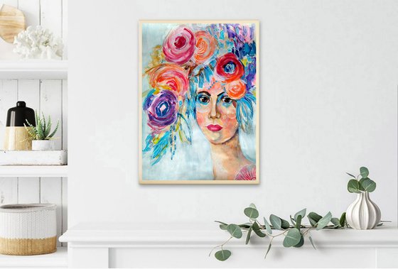 Flower Portrait 3, Floral Woman Portrait Floral Head Bouquet Painting Modern Wall Art