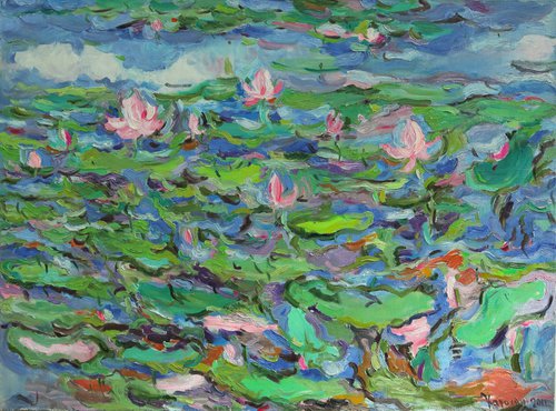 PINK LOTUS - floral landscape, original oil painting, waterscape, water lily pond, waterlilies, large size 146x196 cm by Karakhan