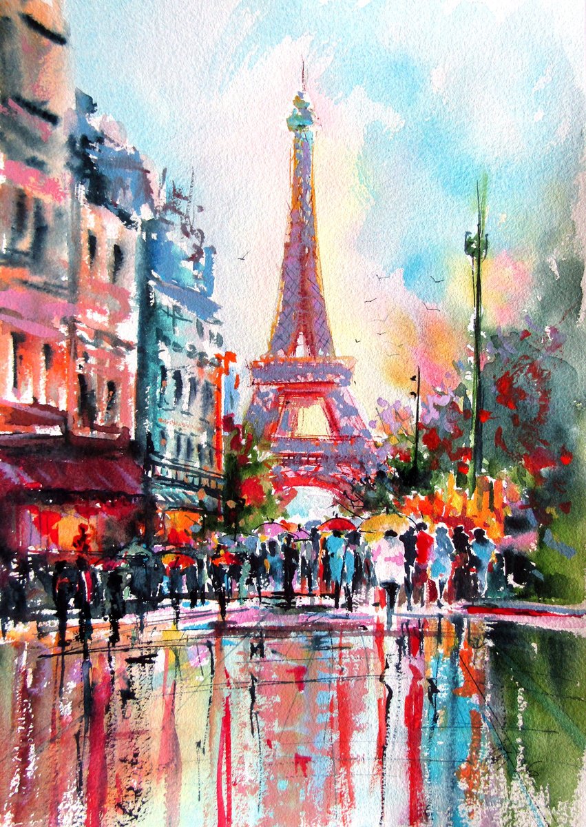 Impressionistic Watercolour , Rainy Day In Paris Ii By Kovacs Anna Brigitta, 11 X 15, Artwork For Sale On Artfinder