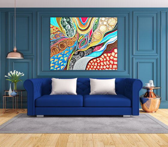 Large abstract painting - Blue gold red wall art